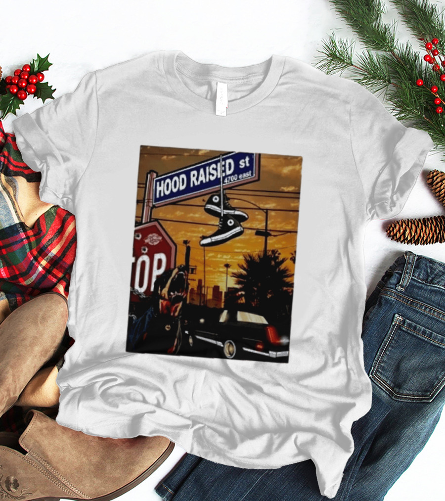 Hood Raised Street 4700 East Rottweiler Lowrider Sneakers And Sunset Urban Scene T-Shirt