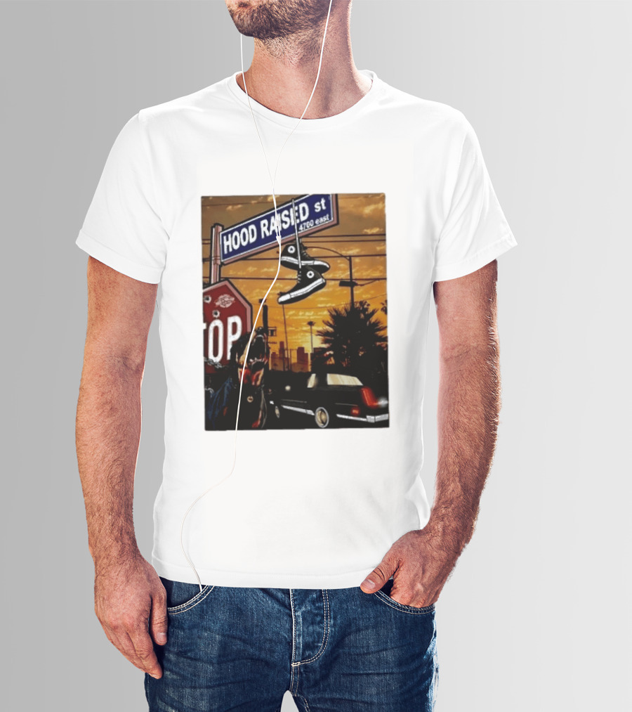 Hood Raised Street 4700 East Rottweiler Lowrider Sneakers And Sunset Urban Scene T-Shirt