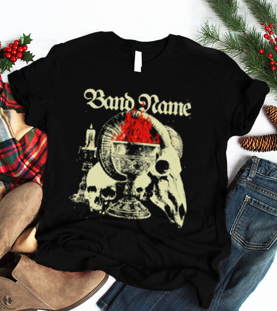 Band Name Skull Chalice Candle Flames Heavy Metal T-Shirt