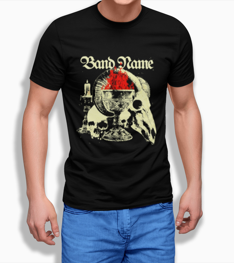 Band Name Skull Chalice Candle Flames Heavy Metal T-Shirt