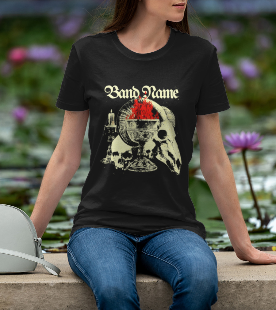 Band Name Skull Chalice Candle Flames Heavy Metal T-Shirt