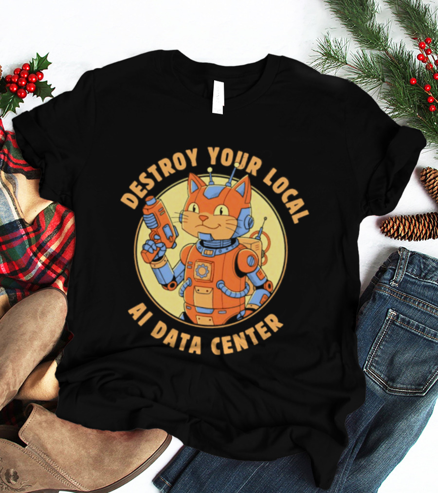 Destroy Your Local AI Data Center Robot Cat Retro Futuristic T-Shirt