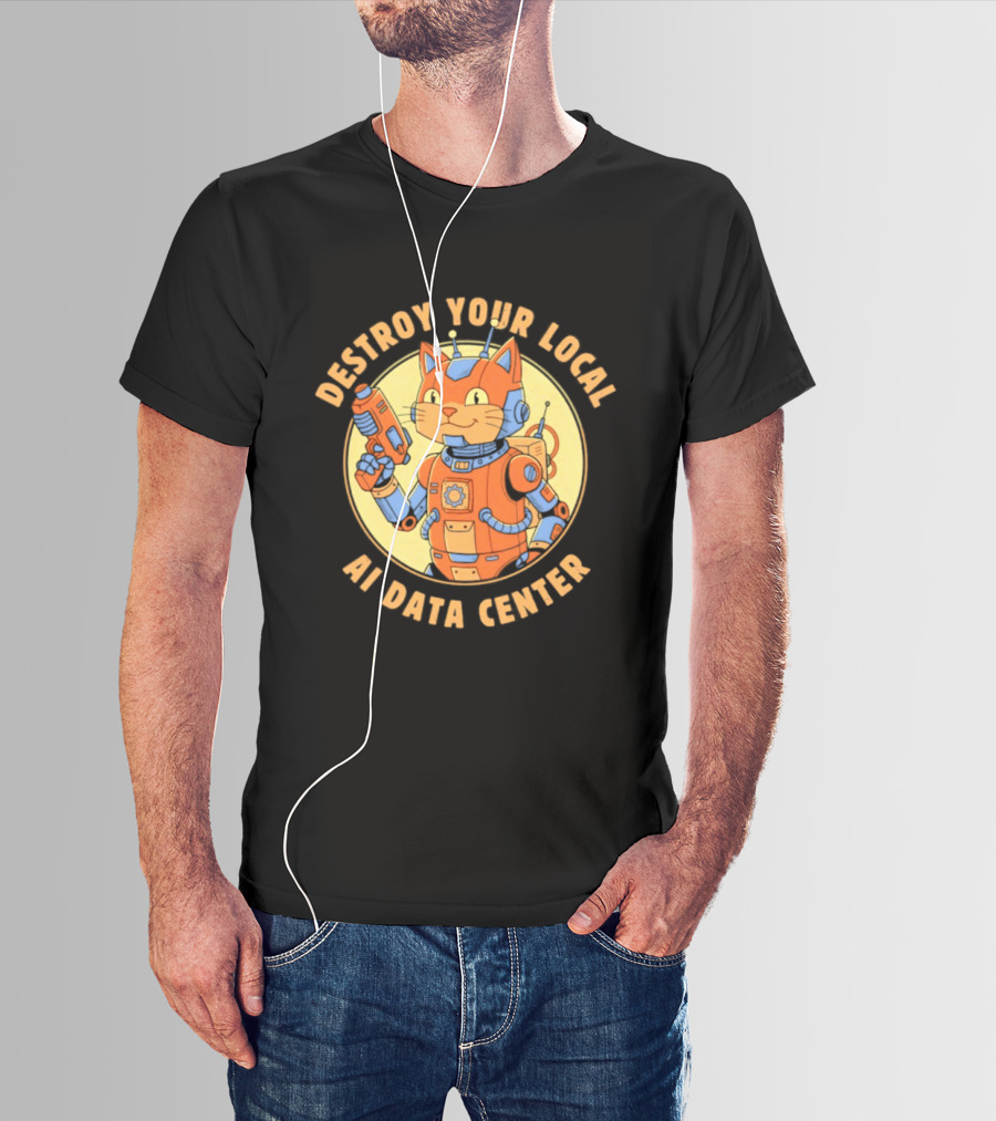 Destroy Your Local AI Data Center Robot Cat Retro Futuristic T-Shirt