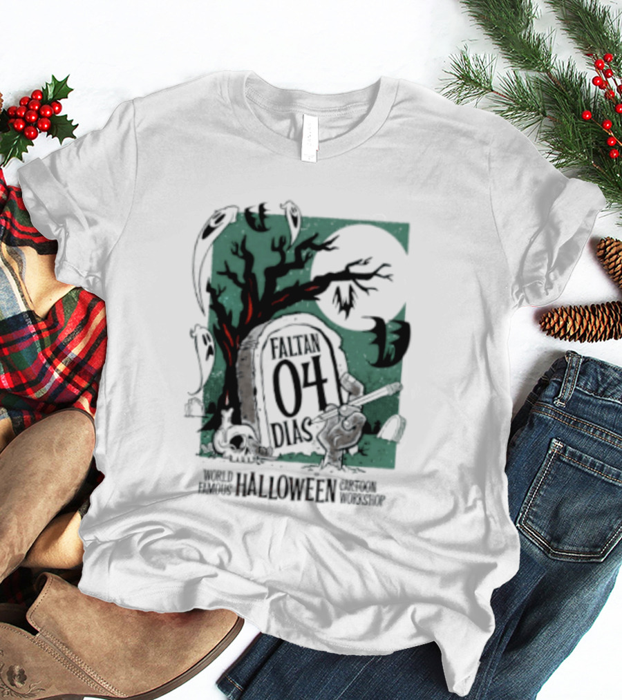 Faltan 04 Dias World Famous Halloween Cartoon Workshop Spooky Tree And Bats T-Shirt