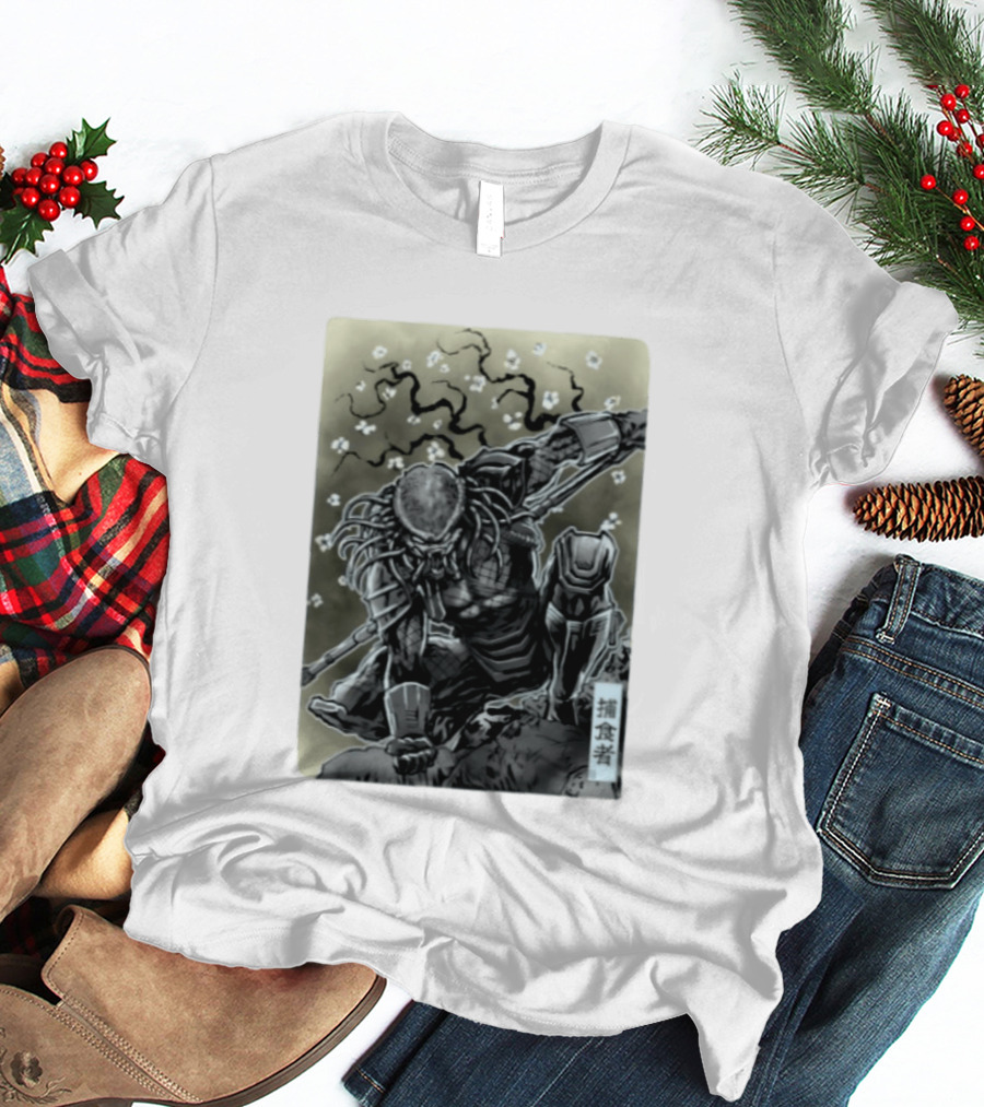 Yautja Samurai Mashup With Cherry Blossoms T-Shirt