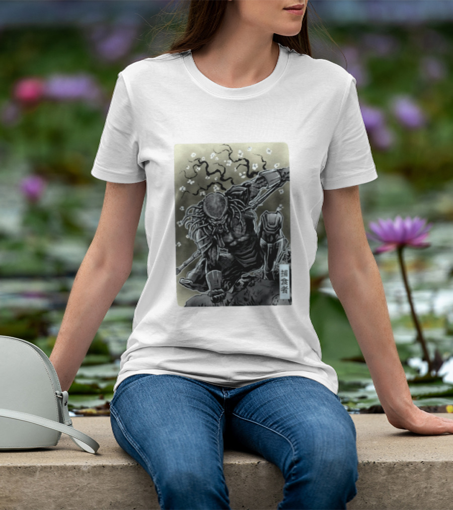 Yautja Samurai Mashup With Cherry Blossoms T-Shirt