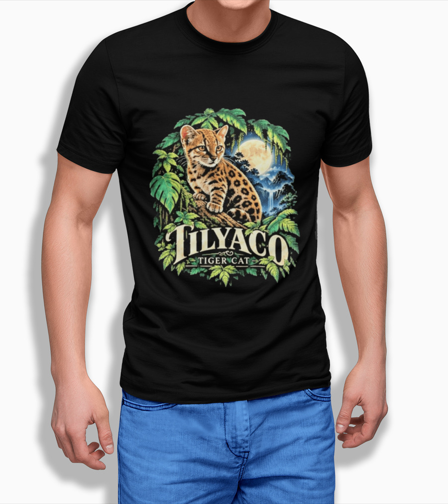 Tilyaco Tiger Cat Jungle Moonlit Scene T-Shirt