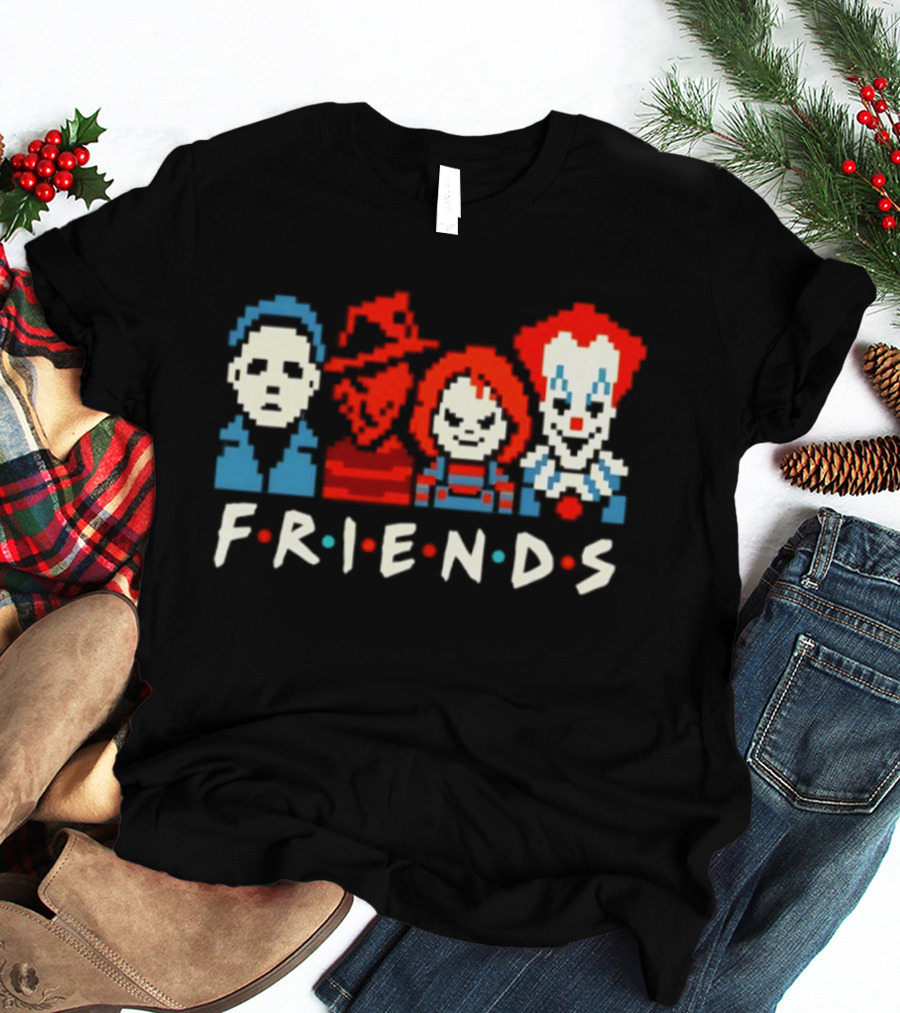 Friends Horror Movie Characters Pixel Art Michael Freddy Chucky Pennywise T-Shirt