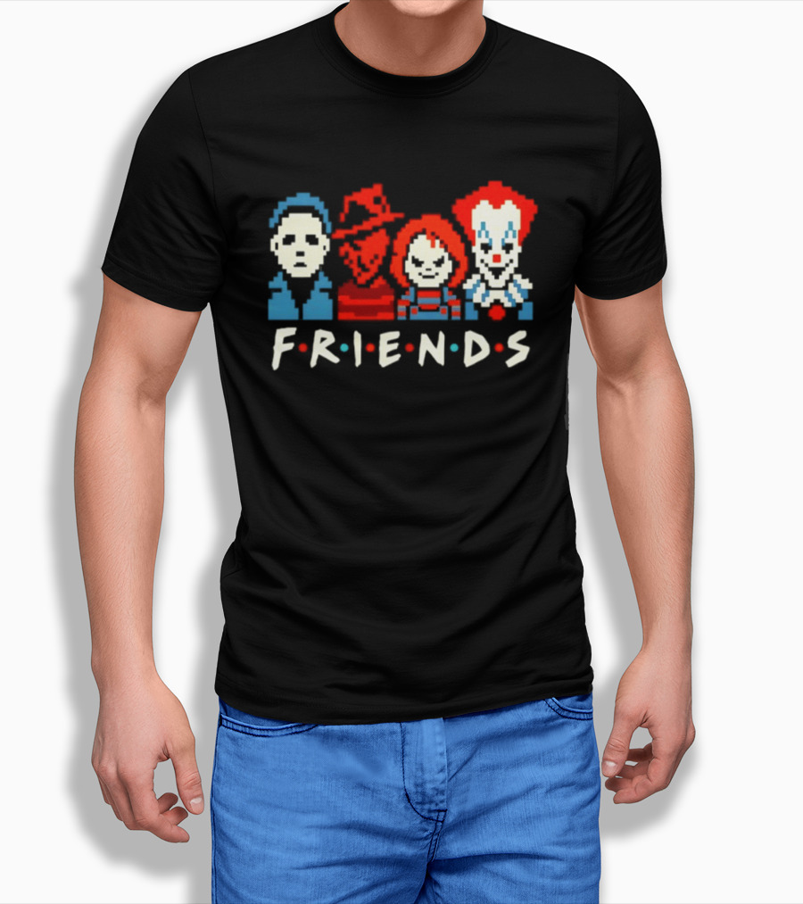 Friends Horror Movie Characters Pixel Art Michael Freddy Chucky Pennywise T-Shirt