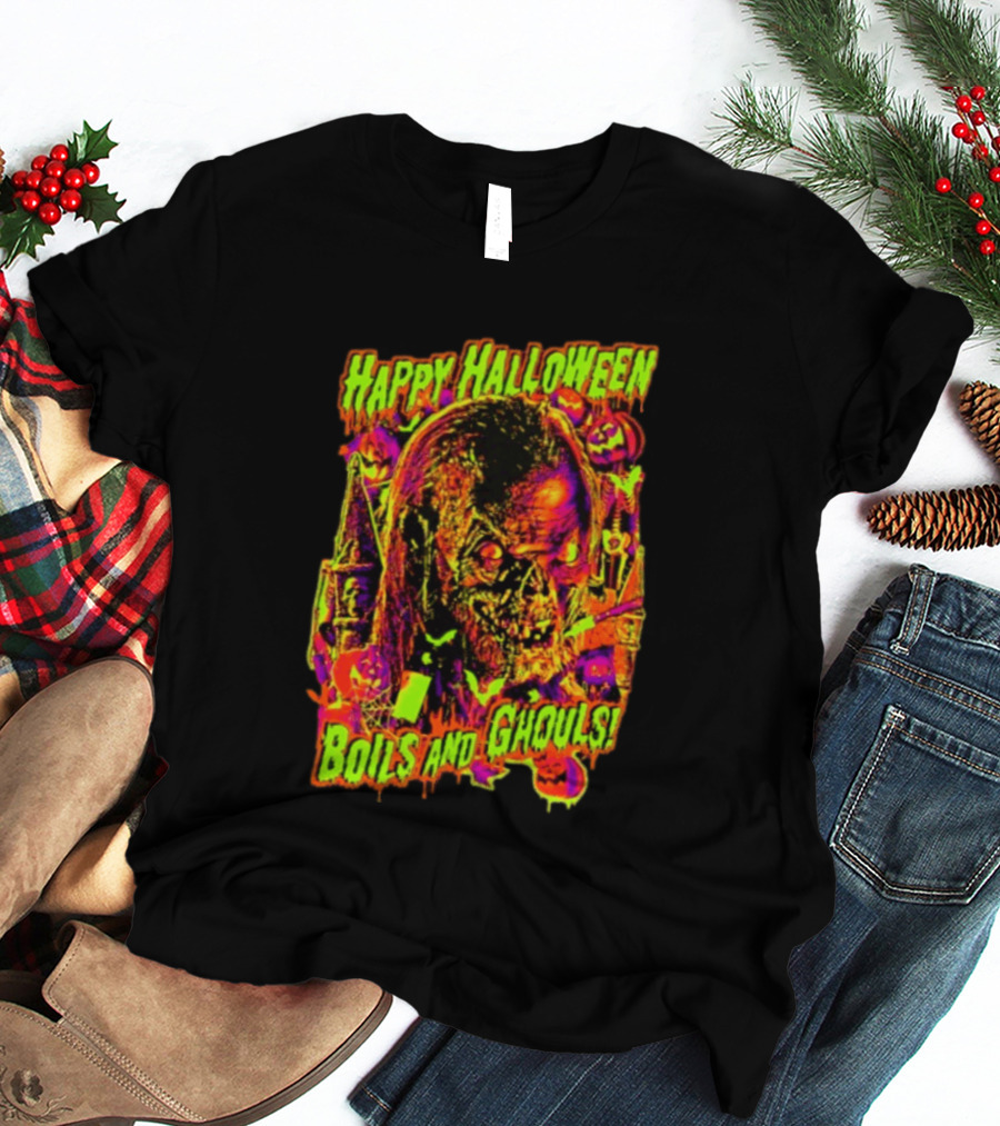 Happy Halloween Boils And Ghouls Horror Zombie Pumpkins Candles Spooky Scene T-Shirt