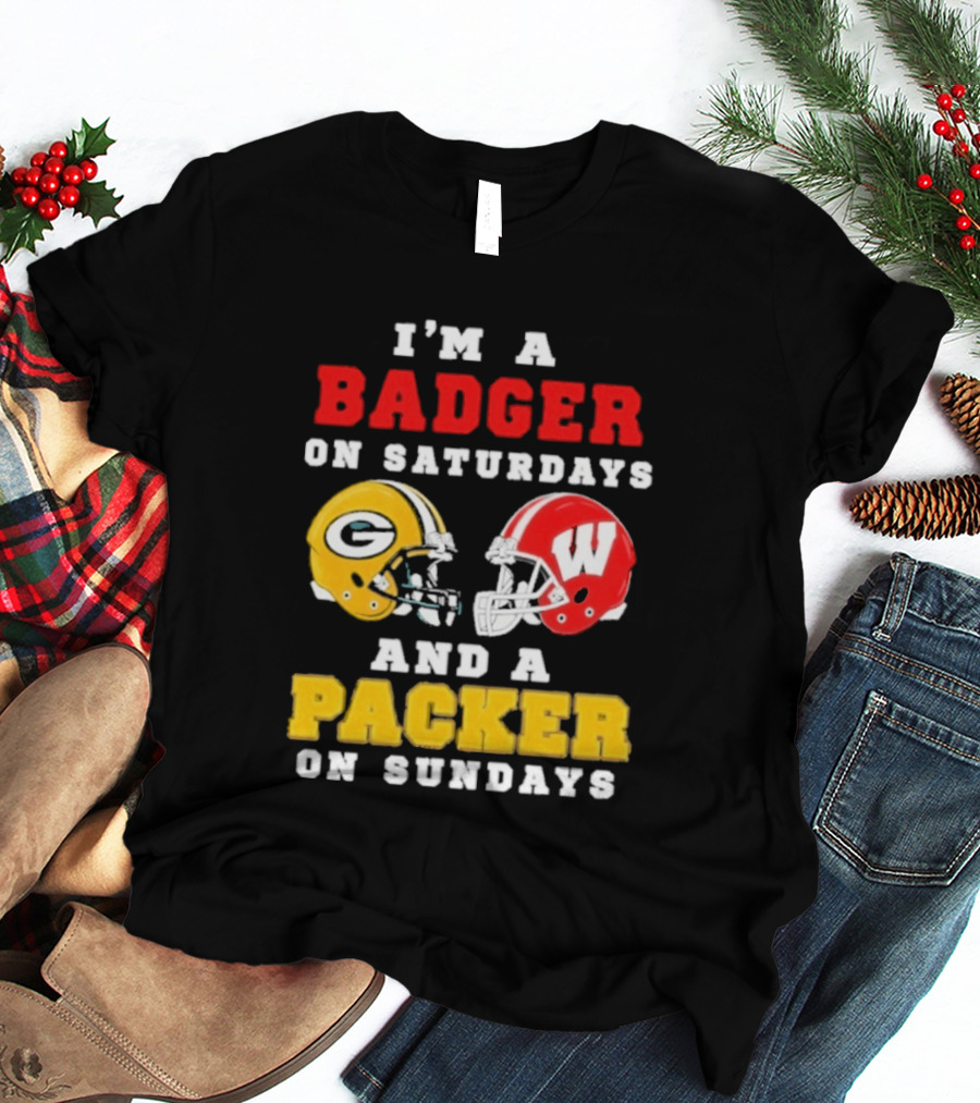 I'm A Badger On Saturdays Green Bay Packer On Sundays Football Helmet Rivalry T-Shirt
