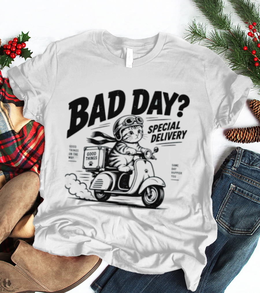 Bad Day Special Delivery Scooter Cat Adventure T-Shirt