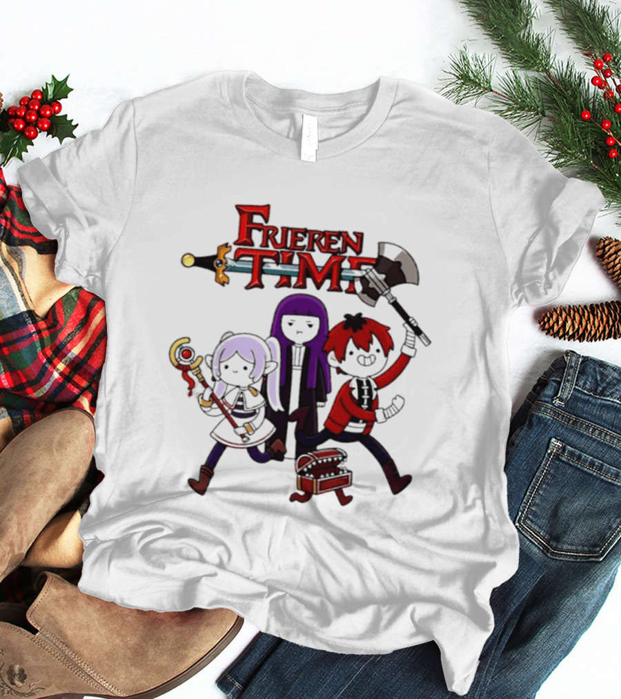 Frieren Time Adventure Time Anime Crossover Characters With Weapons And Staff T-Shirt