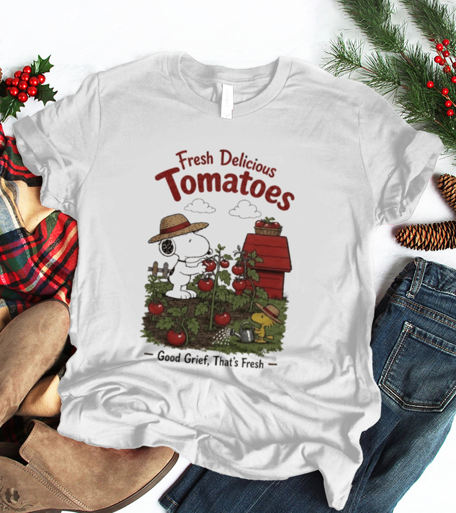 Snoopy Fresh Delicious Tomatoes Good Grief That's Fresh Garden Scene T-Shirt