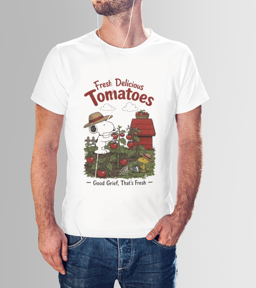 Snoopy Fresh Delicious Tomatoes Good Grief That's Fresh Garden Scene T-Shirt