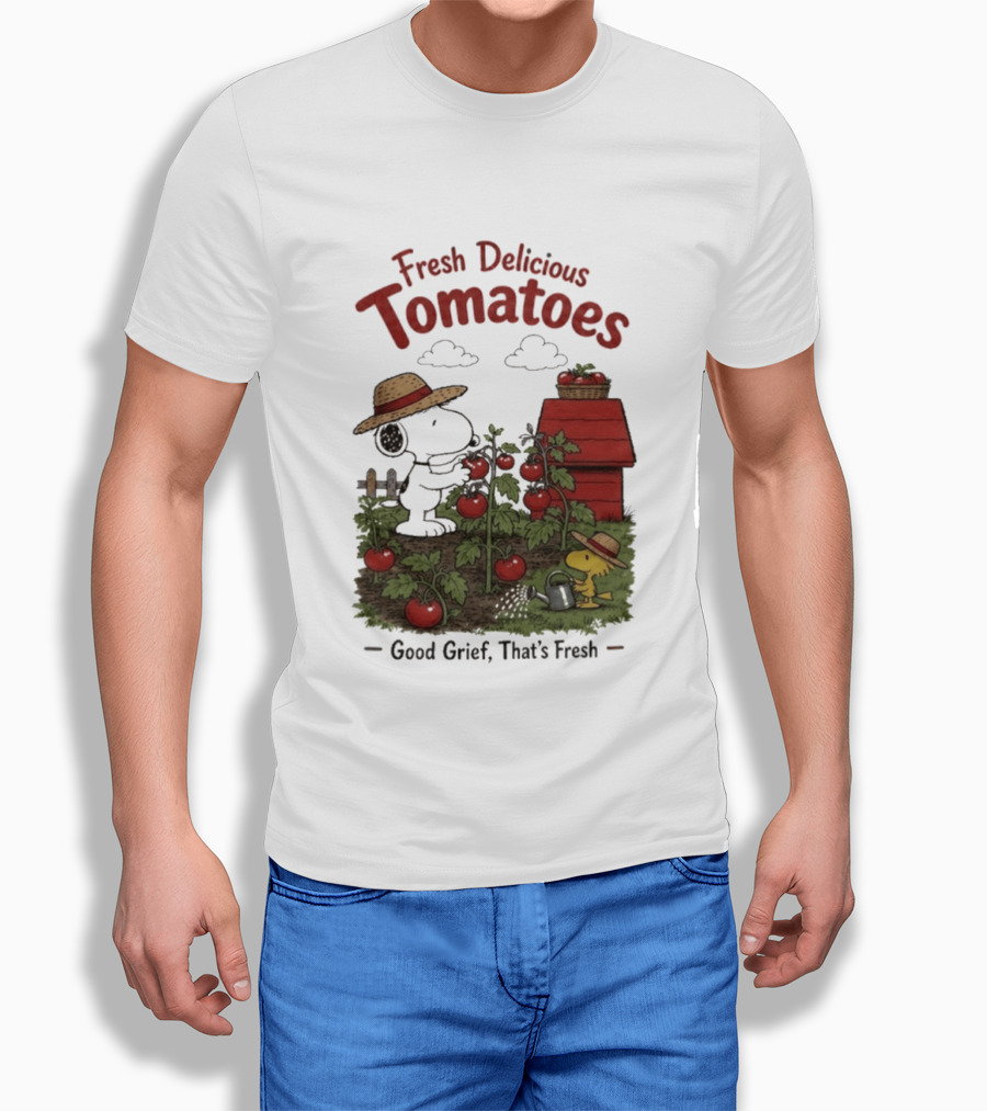 Snoopy Fresh Delicious Tomatoes Good Grief That's Fresh Garden Scene T-Shirt