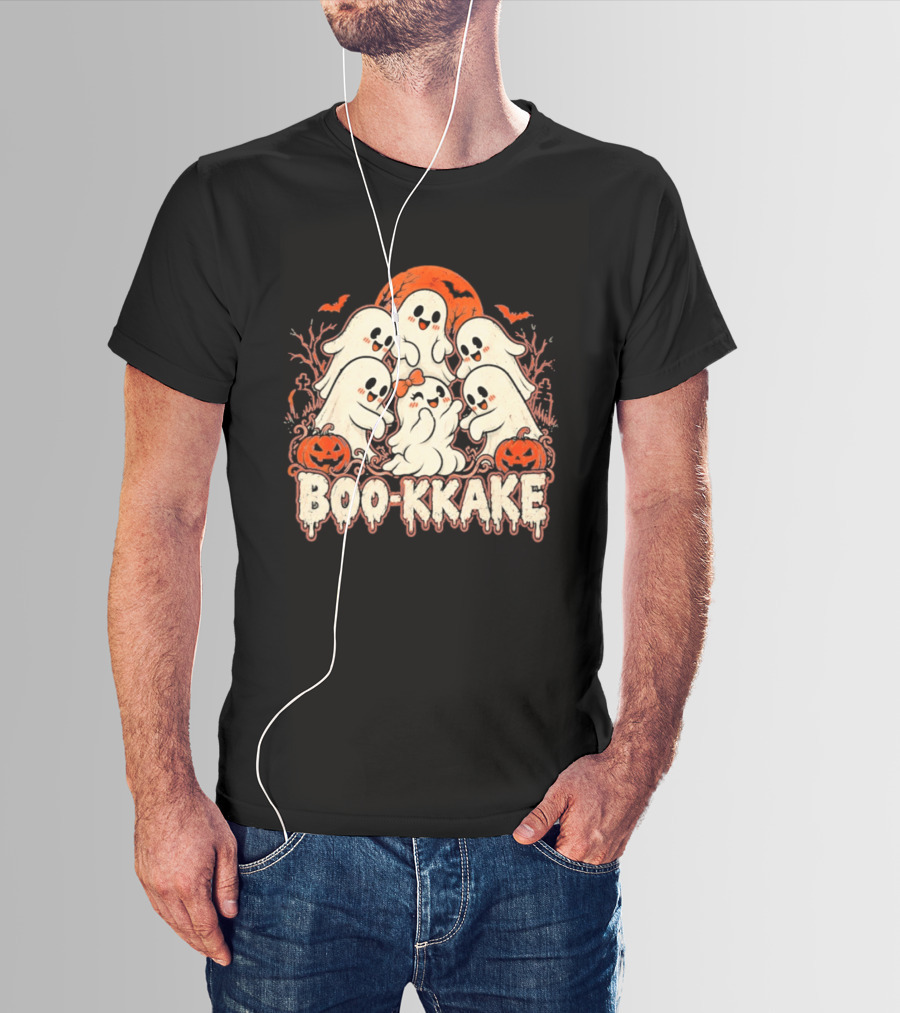 Boo Kkake Japanese Halloween Ghosts Pumpkins Bats Orange Moon T-Shirt