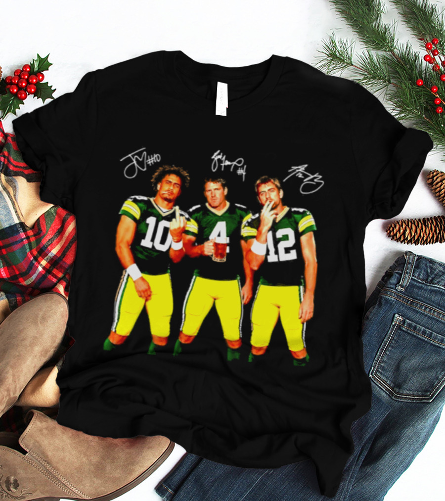 Brett Favre Aaron Rodgers Jordan Love Green Bay Packers Middle Finger Beer Smoking Signatures T-Shirt