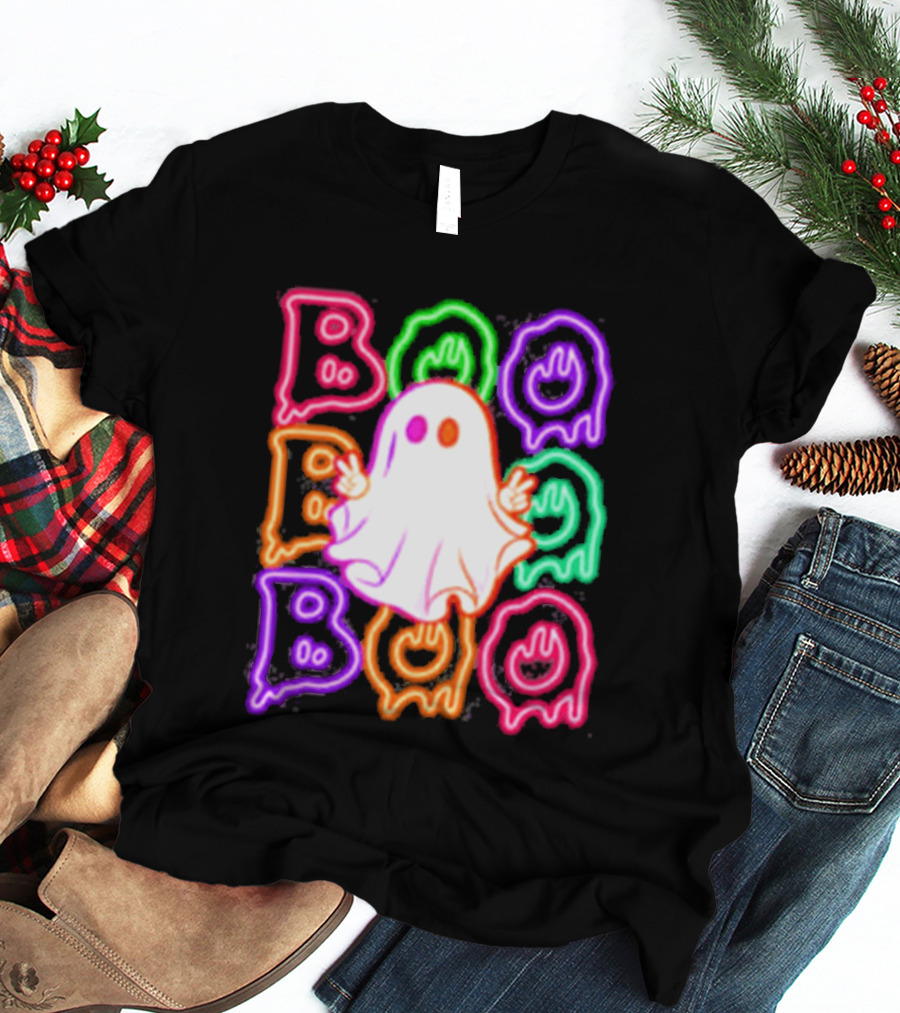 Ghost Boo Neon Halloween Spooky Bright T-Shirt