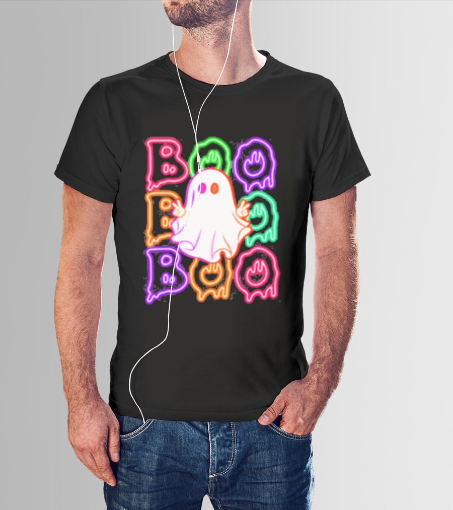 Ghost Boo Neon Halloween Spooky Bright T-Shirt