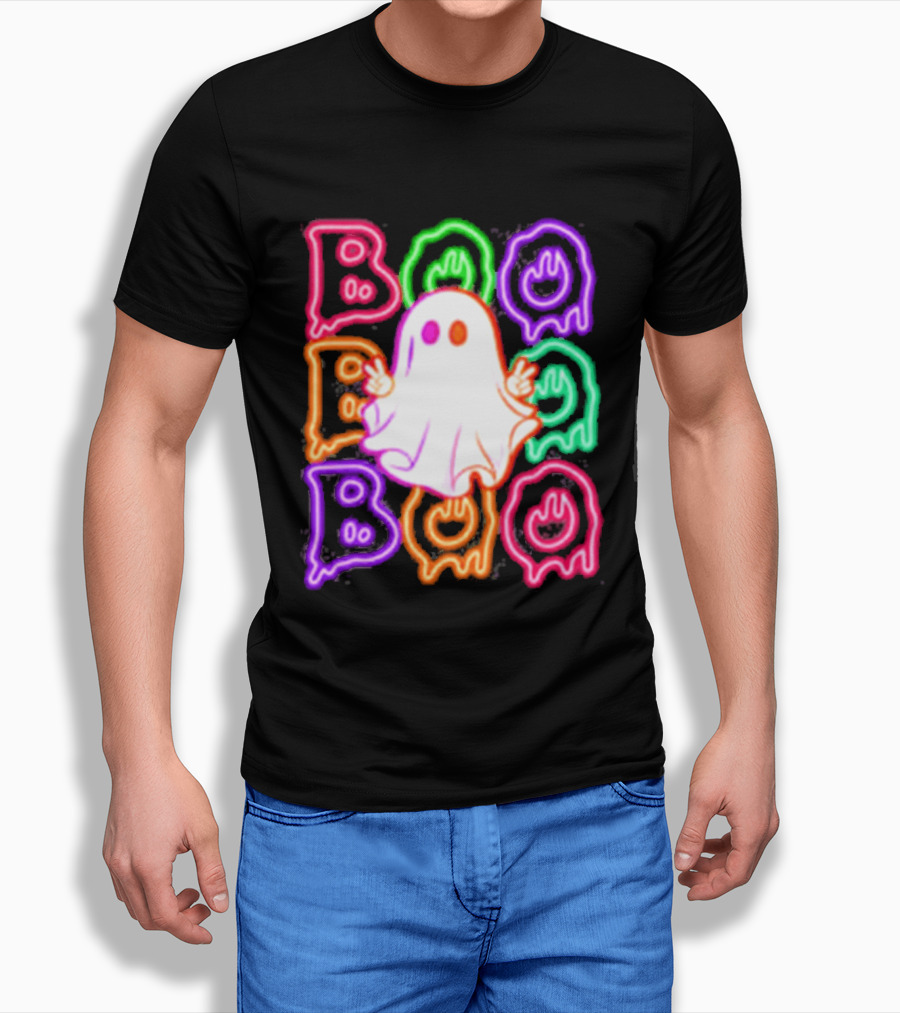 Ghost Boo Neon Halloween Spooky Bright T-Shirt