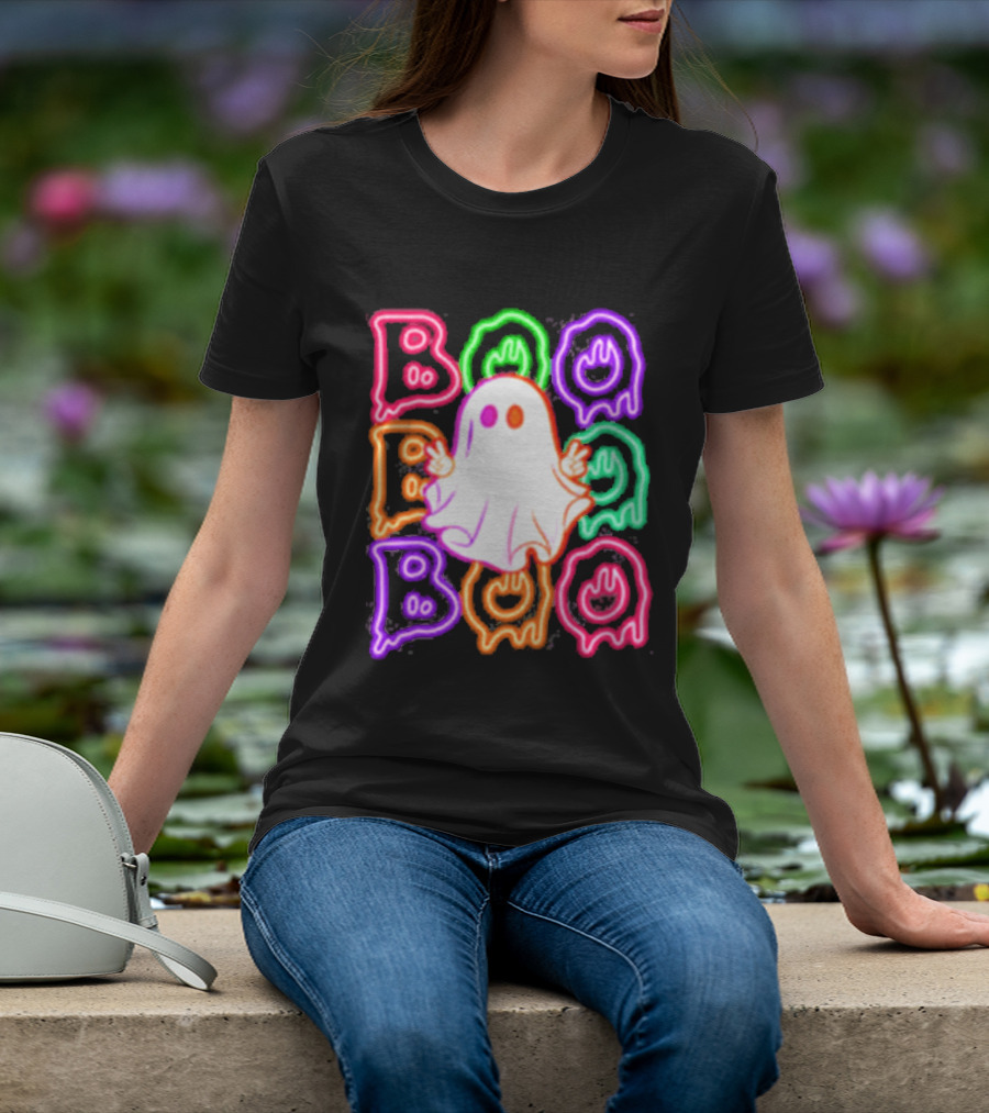 Ghost Boo Neon Halloween Spooky Bright T-Shirt