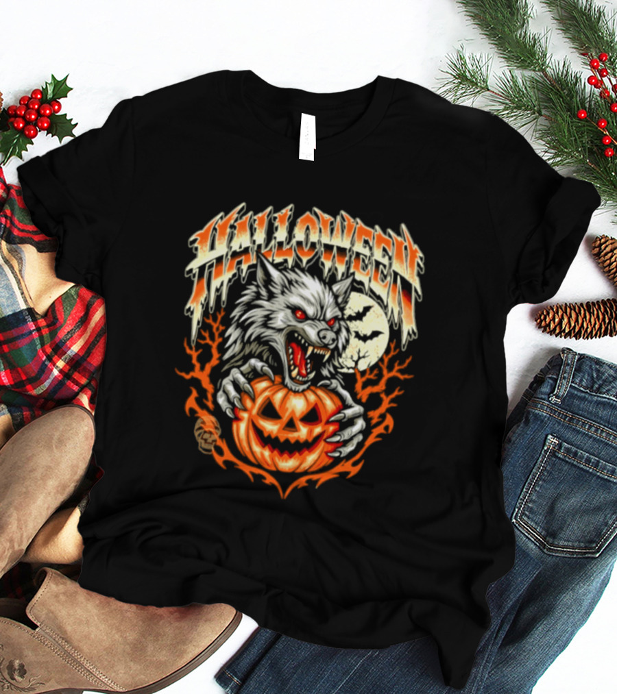 Halloween Werewolf With Jack O' Lantern And Full Moon T-Shirt