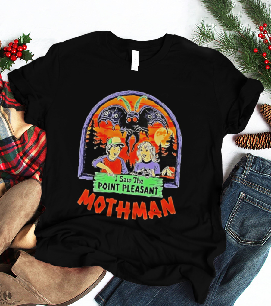 I Saw The Point Pleasant Mothman With Kids And Binoculars In Forest Scene T-Shirt