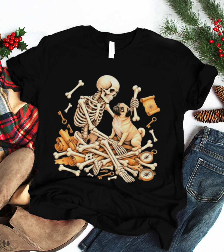 Skeleton And Pug With Bones And Scrolls Halloween Adventure T-Shirt