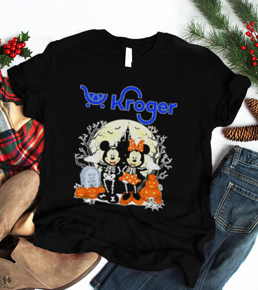 Kroger Mickey And Minnie Mouse Skeleton Halloween Pumpkins And Gravestone T-Shirt