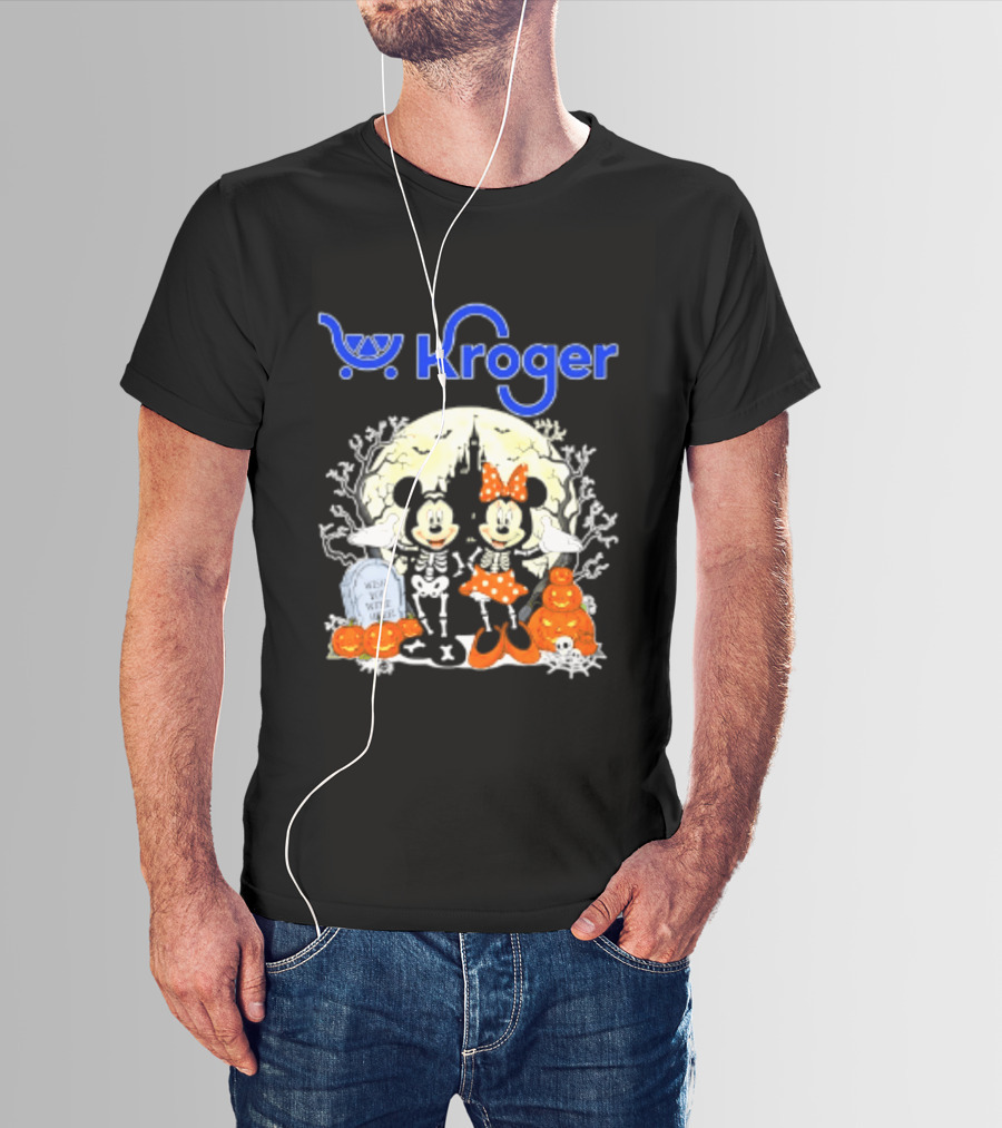 Kroger Mickey And Minnie Mouse Skeleton Halloween Pumpkins And Gravestone T-Shirt