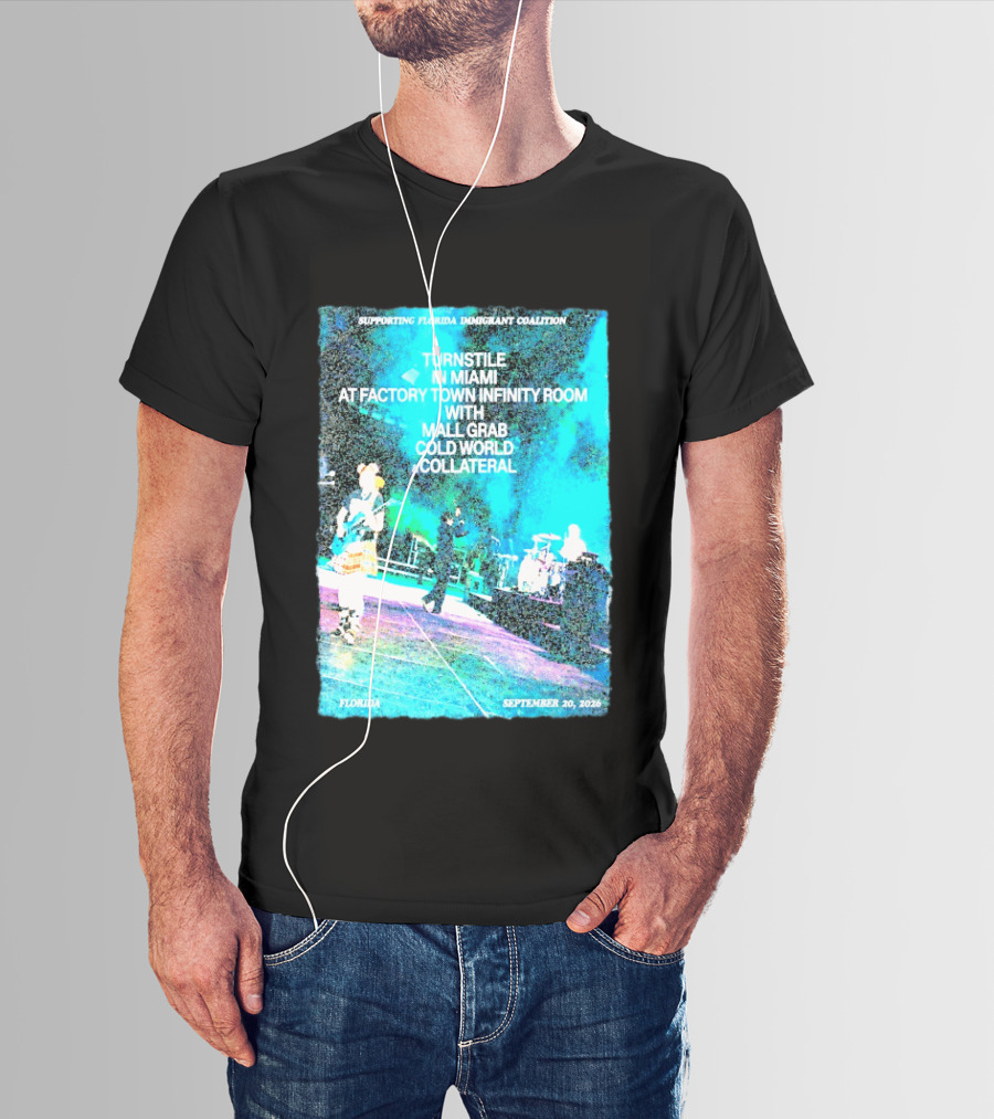 Supporting Florida Immigrant Coalition Turnstile In Miami Factory Town Infinity Room With Mall Grab Cold World Collateral September 20 2026 T-Shirt
