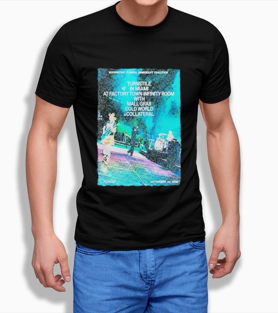 Supporting Florida Immigrant Coalition Turnstile In Miami Factory Town Infinity Room With Mall Grab Cold World Collateral September 20 2026 T-Shirt