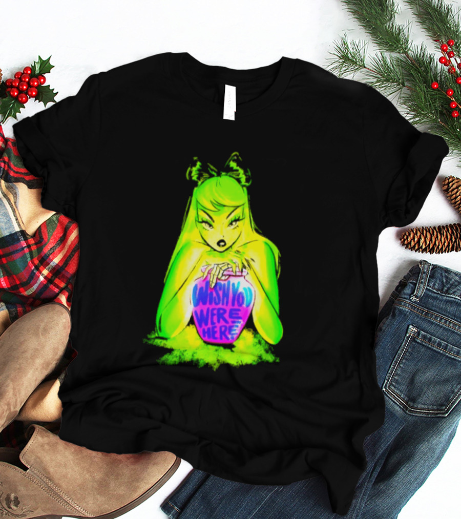 Wish You Were Here Skeleton Urn Goth Spooky Green Yellow Pink Ghostly Aesthetic T-Shirt