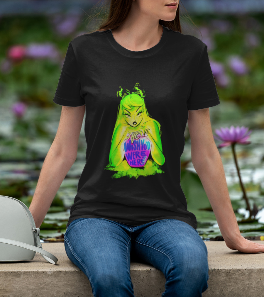 Wish You Were Here Skeleton Urn Goth Spooky Green Yellow Pink Ghostly Aesthetic T-Shirt