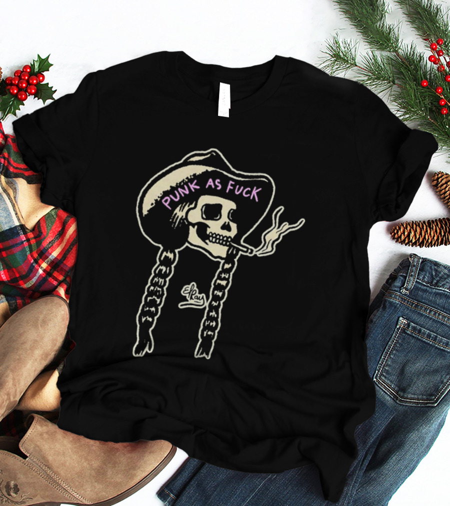 Punk As Fuck Skeleton Smoking Cowboy Hat Braids T-Shirt