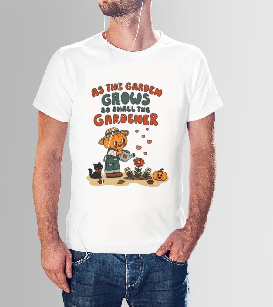 As The Garden Grows So Shall The Gardener Pumpkin Watering Flowers With Cat And Hearts T-Shirt