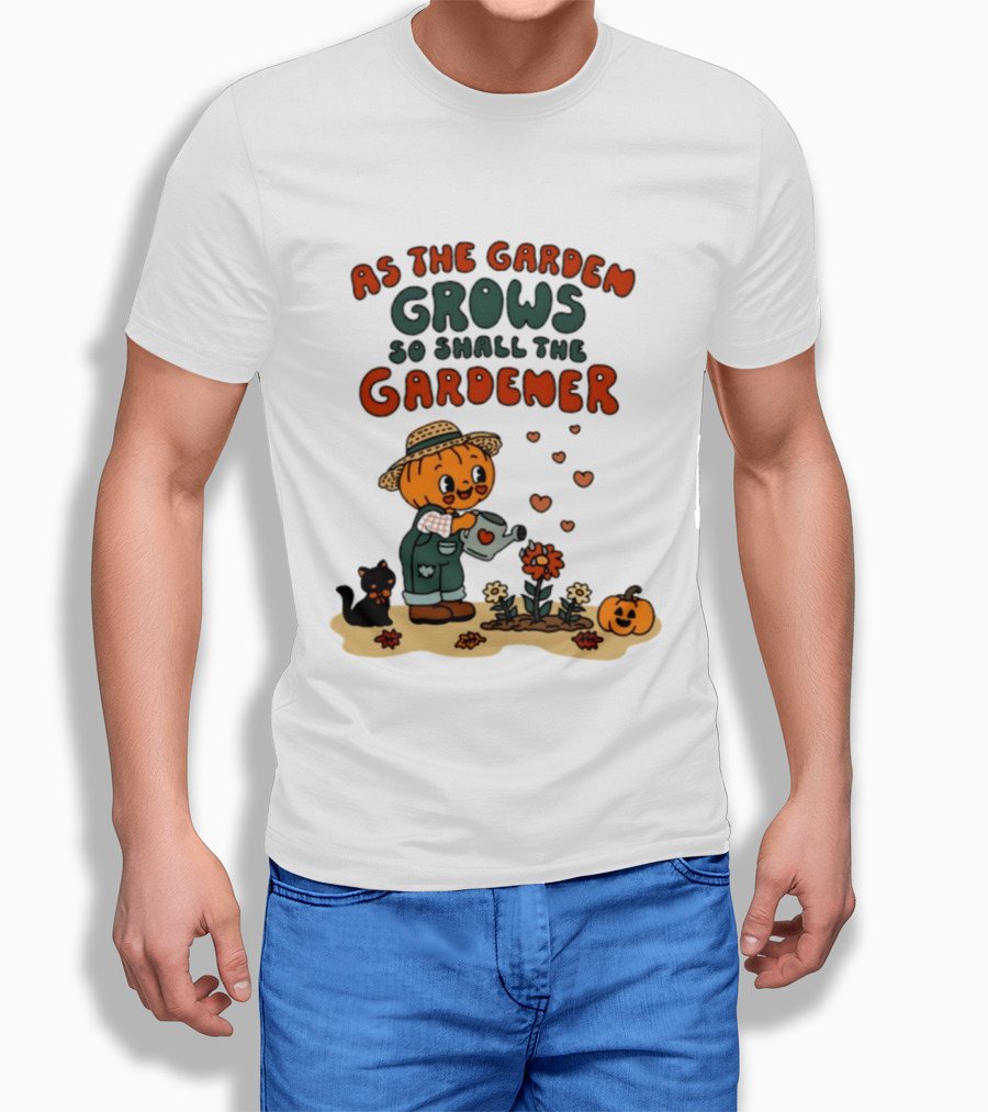 As The Garden Grows So Shall The Gardener Pumpkin Watering Flowers With Cat And Hearts T-Shirt