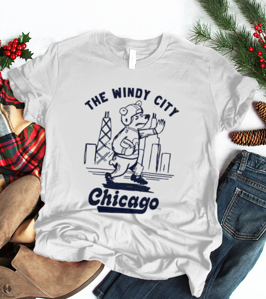 Chicago Bears The Windy City Football Character And Skyline T-Shirt