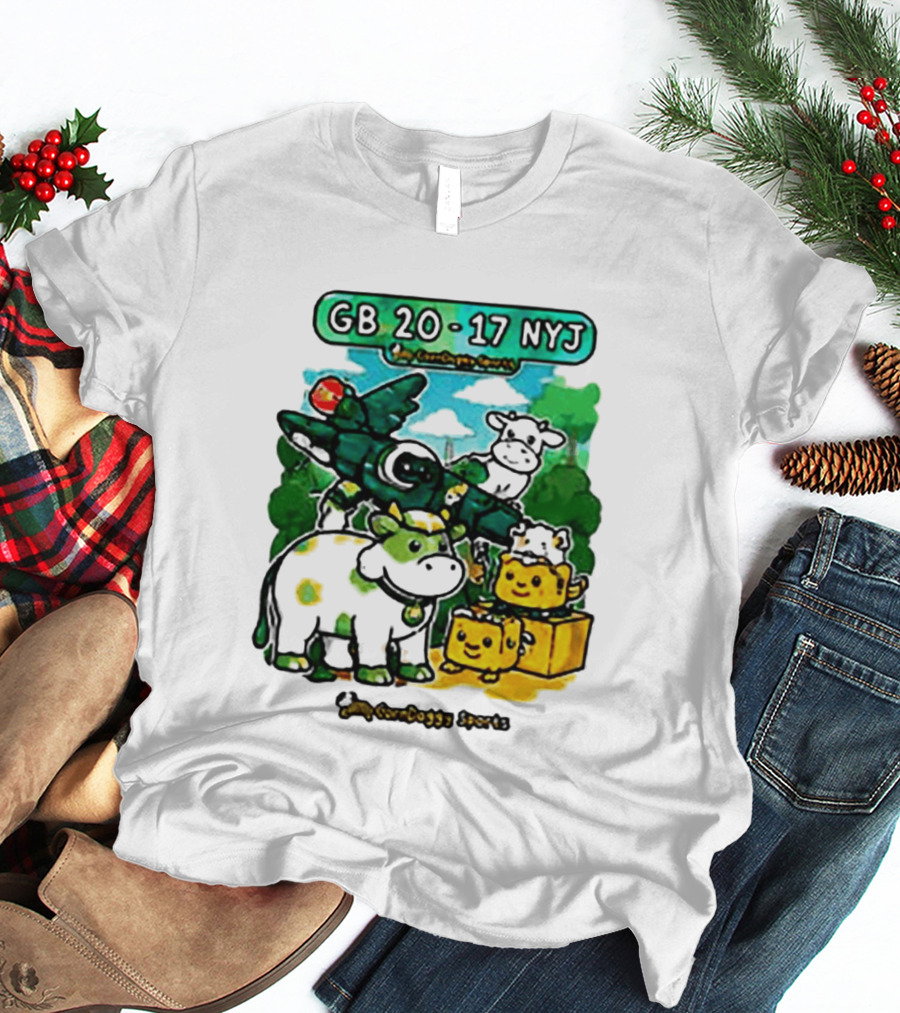 GB 20 17 NYJ Green Bay Football Green Cow Jet Cartoon Game Day T-Shirt