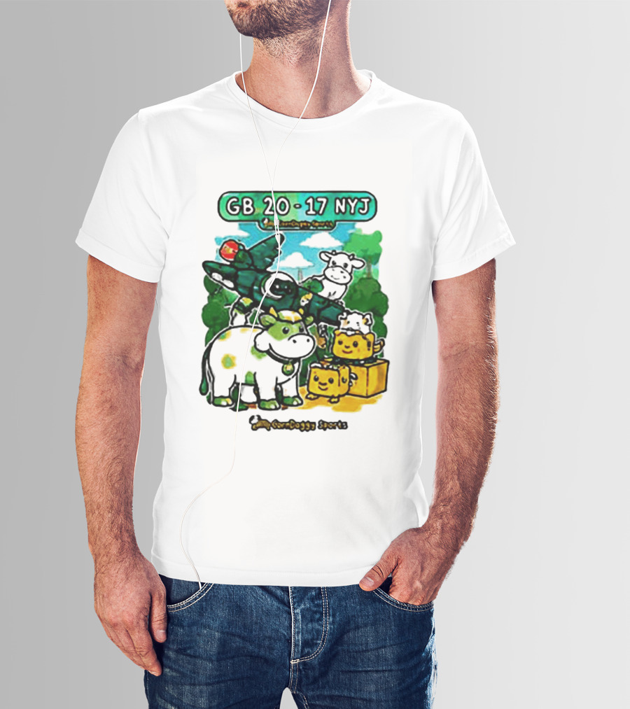 GB 20 17 NYJ Green Bay Football Green Cow Jet Cartoon Game Day T-Shirt