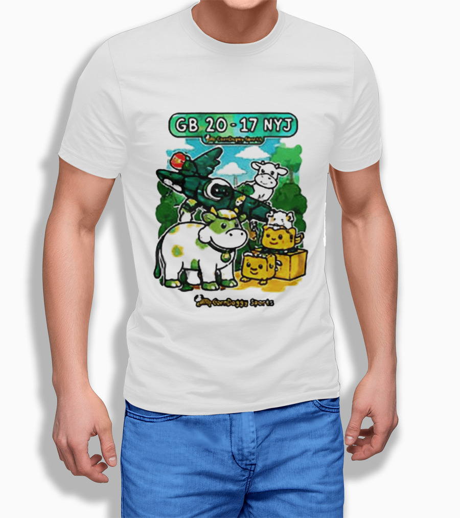 GB 20 17 NYJ Green Bay Football Green Cow Jet Cartoon Game Day T-Shirt
