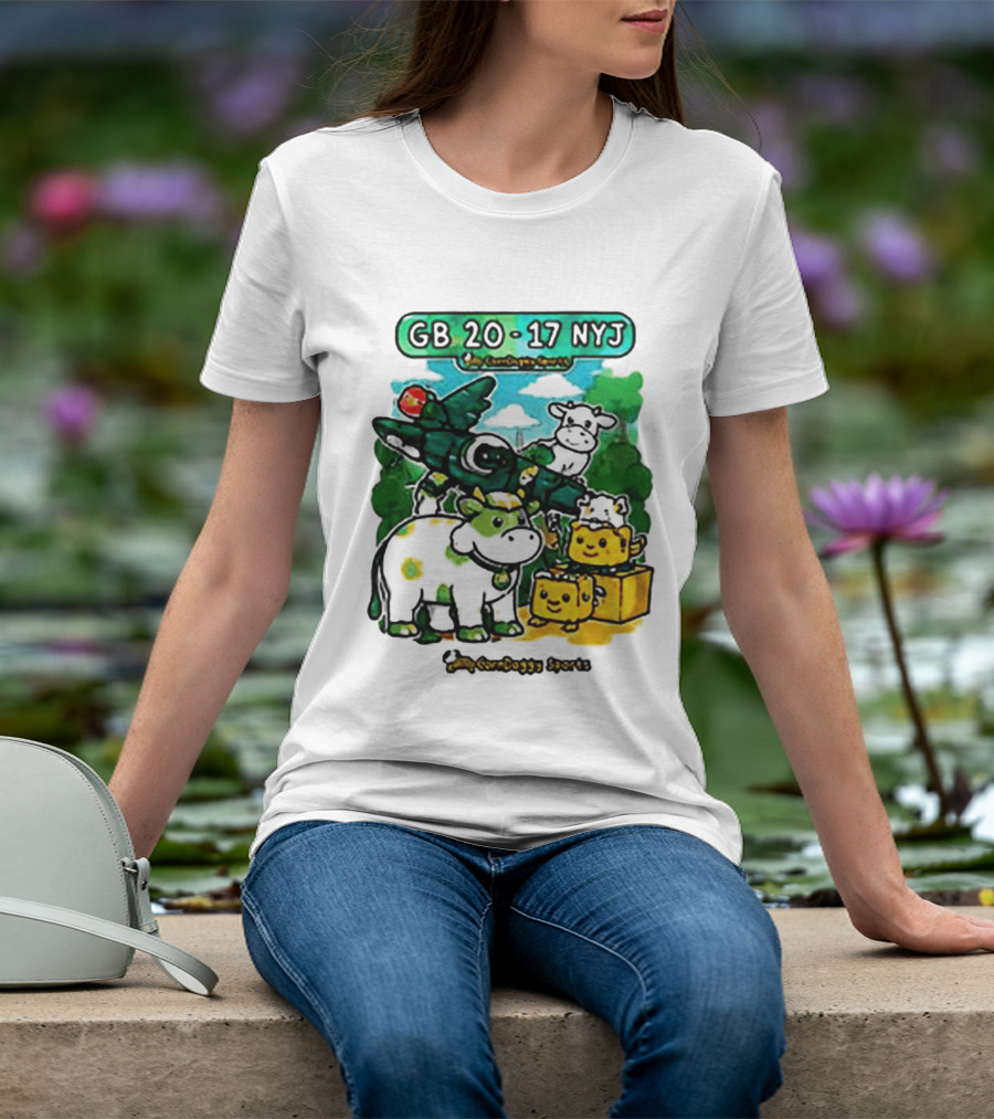 GB 20 17 NYJ Green Bay Football Green Cow Jet Cartoon Game Day T-Shirt