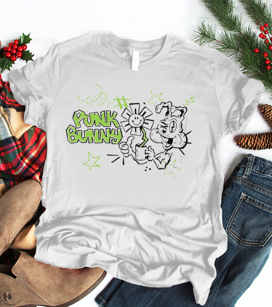 Punk Bunny Green Day Coffee Flower Light Blue T-Shirt