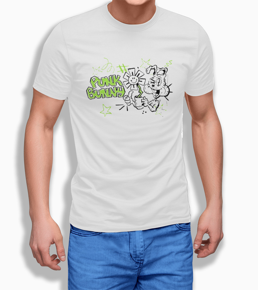 Punk Bunny Green Day Coffee Flower Light Blue T-Shirt