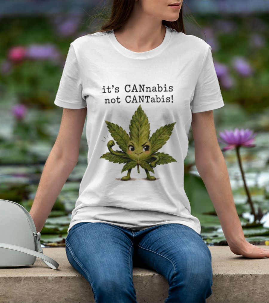 Cannabis Leaf Character It's CANnabis Not CANtabis Winking Cartoon T-Shirt