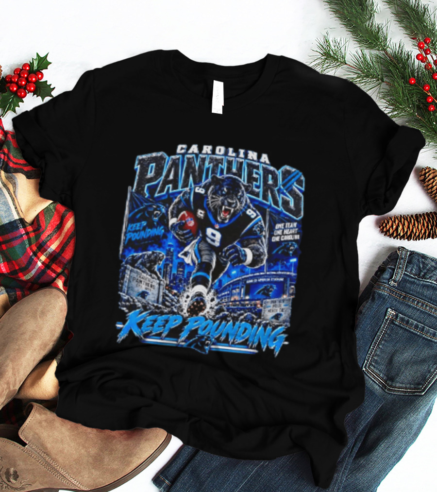 Carolina Panthers Keep Pounding One Team One Heart One Carolina Panthers 9 Football Player City Skyline T-Shirt