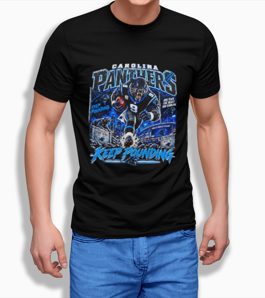 Carolina Panthers Keep Pounding One Team One Heart One Carolina Panthers 9 Football Player City Skyline T-Shirt