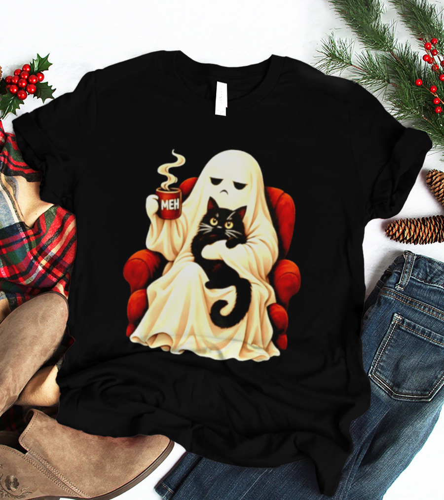 Ghost And Black Cat On Red Chair With Meh Coffee T-Shirt