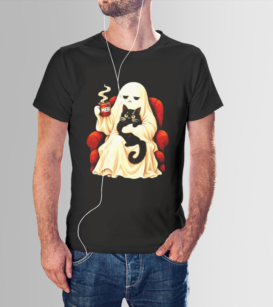 Ghost And Black Cat On Red Chair With Meh Coffee T-Shirt